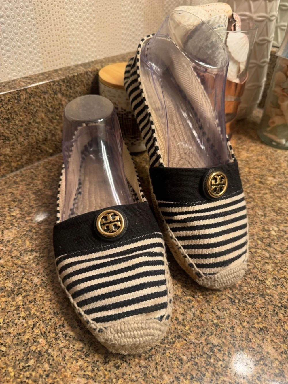 Tory Burch Black and White Striped‎ Espadrille Loafers with Gold Logo Size 9